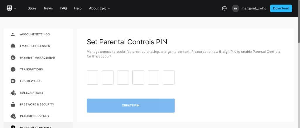 Controles parentales de Epic Games Store: configuración de cuenta global.